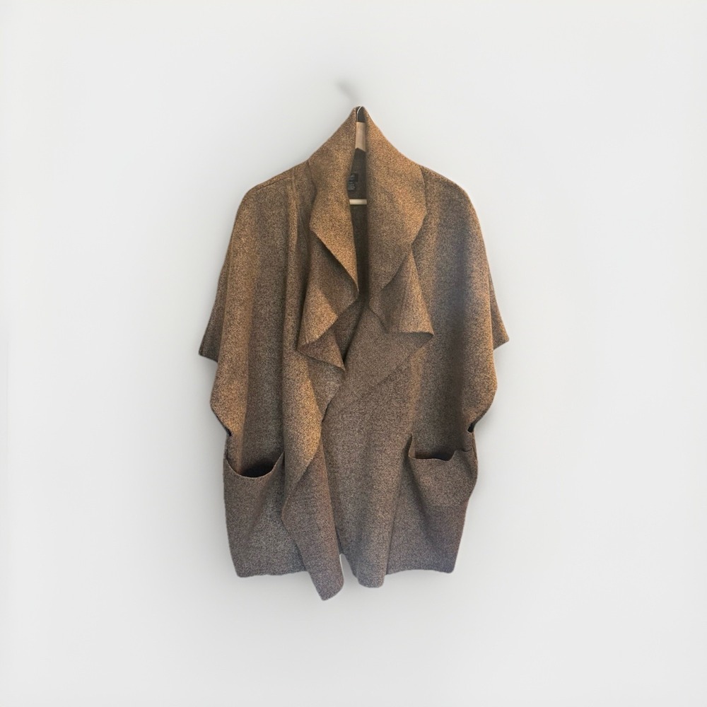 Roffe Brown Oversized Open Sweater Pocket  Cardigan Short Sleeve One Size Boho